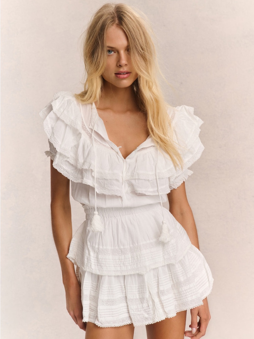 LoveShackFancy White Ruffled V-Neck Mini Dress